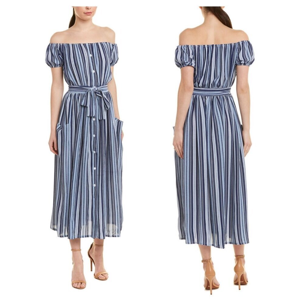 Nisha Outi NWT $168 Midi Dress in Blue Stripe Off-the-Shoulder Women's Sz M/6